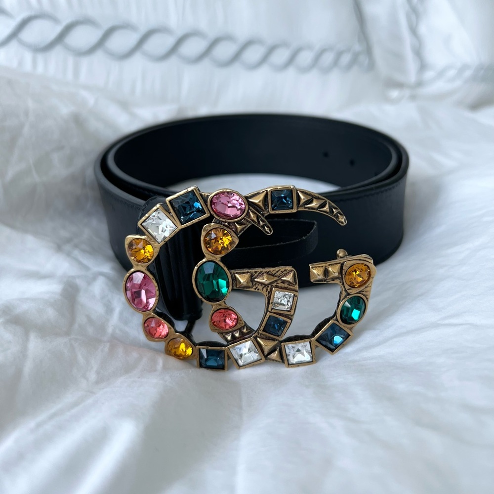 Gucci Black Belt with Multicolor Gem Buckle